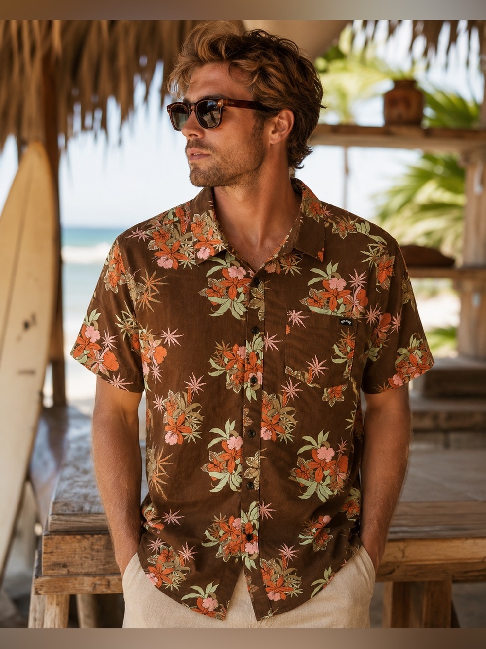 NWT Billabong Men’s Brown Floral Tropical Camp Shirt Medium
